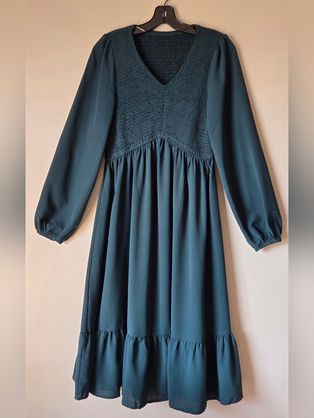 Emerald Teal Smocked Bodice Midi Dress